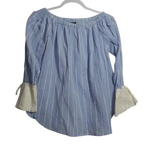 4Si3nna Blue Stripe Poet Sleeve Off Shoulder Cotton Top Nautical Size Small